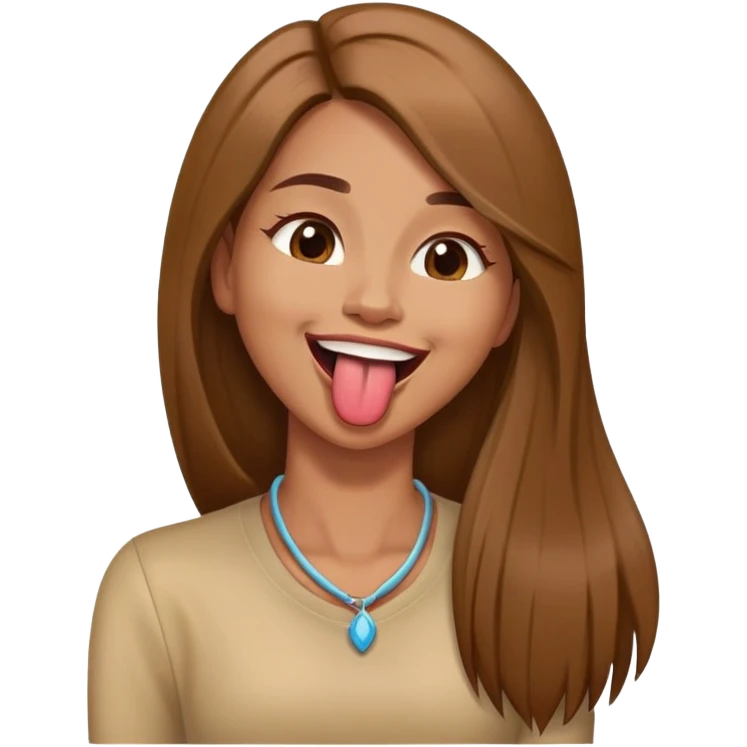 Woman with light brown skin and long brown straight hair holding her neck with her tongue out laughing  emoji
