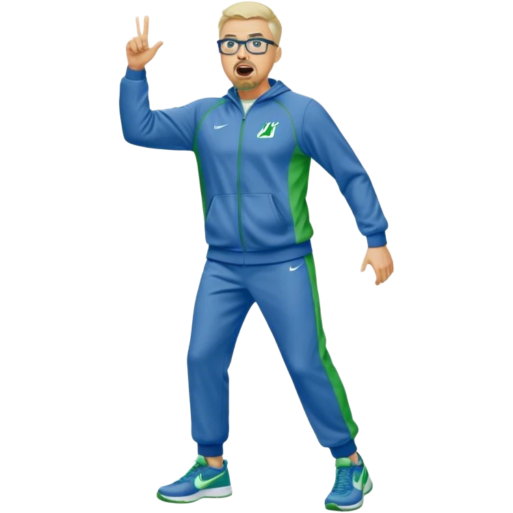 Full Body white male plus size wearing glasses with a goatee with light blonde and gray very short hair yelling head Coach in blue and green Nike dry sweat suit emoji