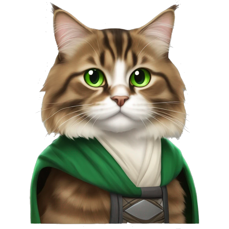 Brown and black Siberian cat with green eyes dressed as obi wan kenobi emoji