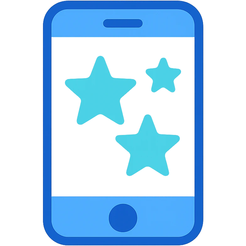 Smartphone icon with three stars inside the screen, flat emoji style, outline with blue and turquoise colors, white background emoji