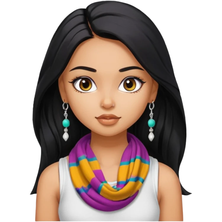 a pretty bratz girl with long black hair, kajal under eyes, small silver jhumkas. White tank top on. Colourful scarf around neck emoji