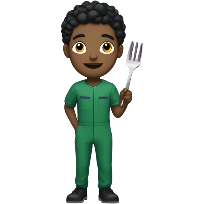 A young man with no facial hair, and hair that is part black part purple. The man has a green jumpsuit that says 230 on it and he is holding up a metal fork emoji