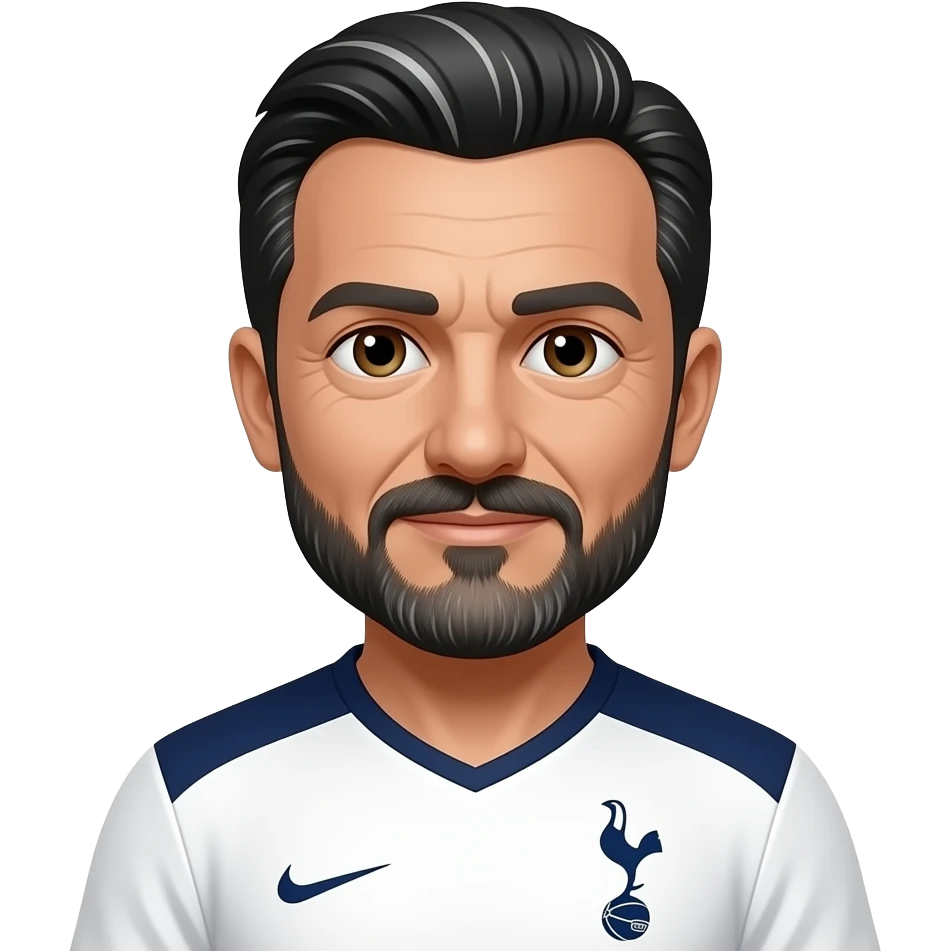 White man in his 50’s with black and white hair - more black than white. Also has a short black and white mustache and beard. Brown eyes. Wearing a Tottenham home jersey . emoji