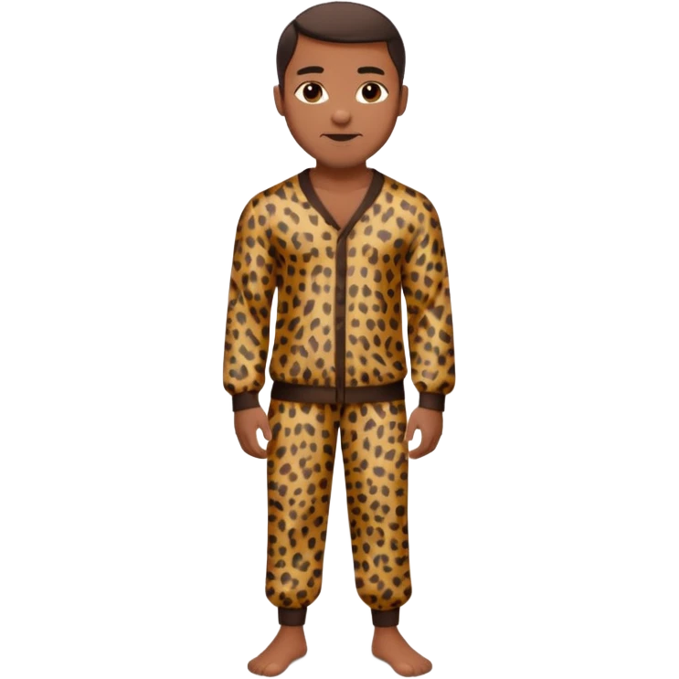 Handsome Black man with brown skin tone, with muscular build, wearing loose fitting long sleeve leopard print pajamas and white slippers  emoji