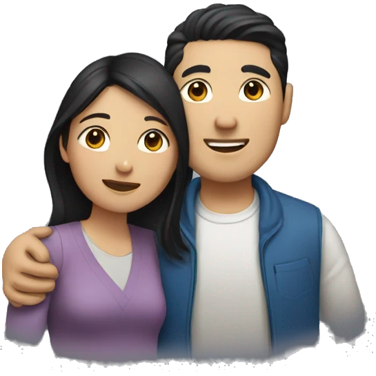 Two white asian couple with dark hair hugging emoji