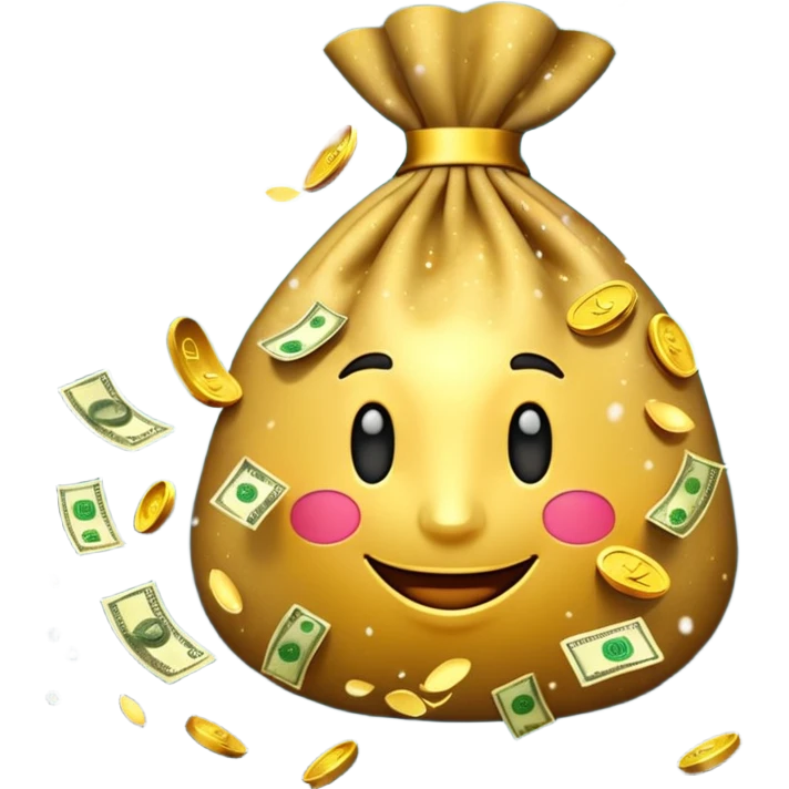 3D emoji style, money bag with dollar bills, New Year theme, snow particles, festive lighting, rich vibe, high detail, transparent background

 emoji