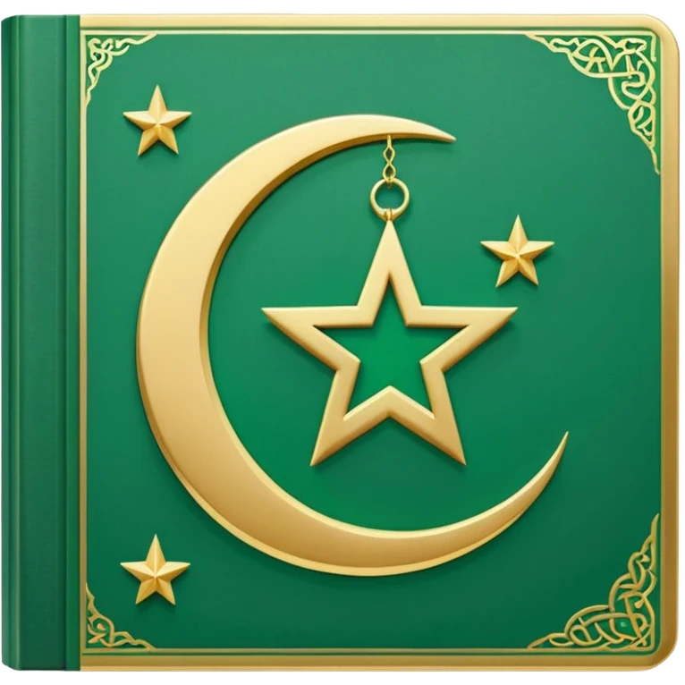 Closed Quran with the Islamic Symbol on it (moon and star) green from left to right emoji
