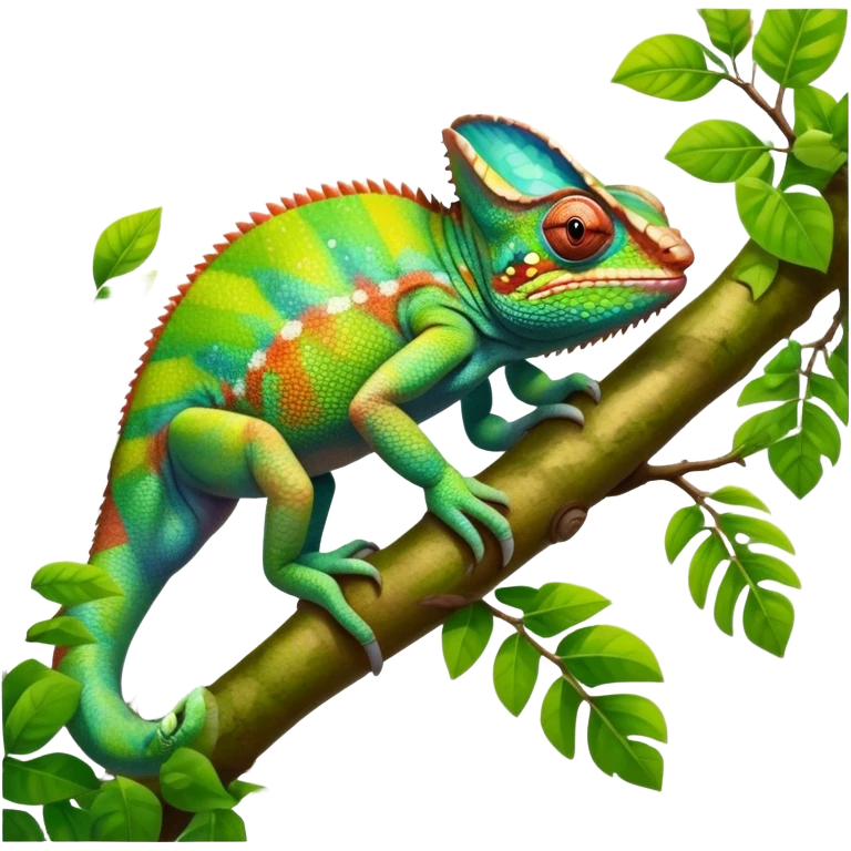 Giant Chameleon blending into natural surroundings, perched on a branch. Its vibrant colors shift with the environment. Lush greenery, branches, and soft sunlight create a peaceful, nature-filled background. Transparent background, showcasing the chameleon's colorful, textured skin. emoji