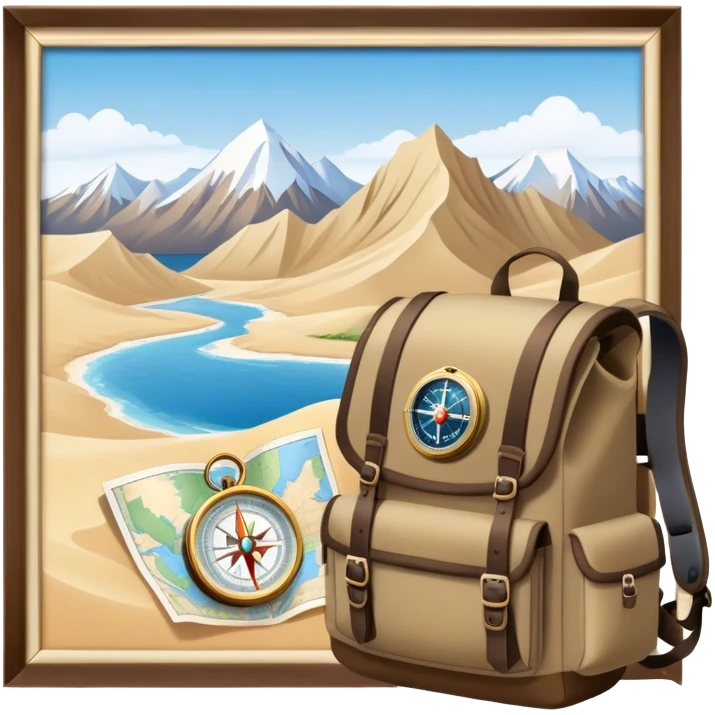 Icon for Expeditions: a compass, a map, a backpack with trekking gear, and a rugged expedition jeep, set against a backdrop of snowy mountains, sand dunes, and tropical islands. The icon should capture the spirit of adventure and exploration in diverse landscapes. Transparent background. emoji