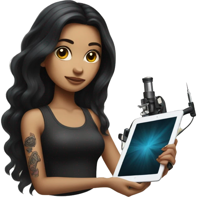 a girl with long dark hair holds a tattoo machine and an iPad emoji