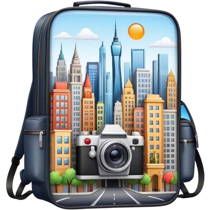 Icon for Urban Tourism: city skyline with iconic buildings, a camera and a backpack. The icon should represent the exploration of urban destinations, with elements like streets, landmarks, and vibrant city life. Transparent background. emoji