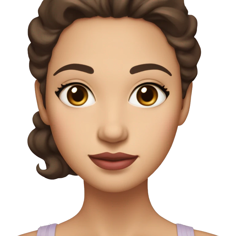 The woman has soft features, fair skin, and almond-shaped eyes. Her defined eyebrows and natural pink lips frame her face. Her dark, wavy hair is partly tied back, giving her an elegant yet relaxed look. Her expression is warm and serene.
 emoji