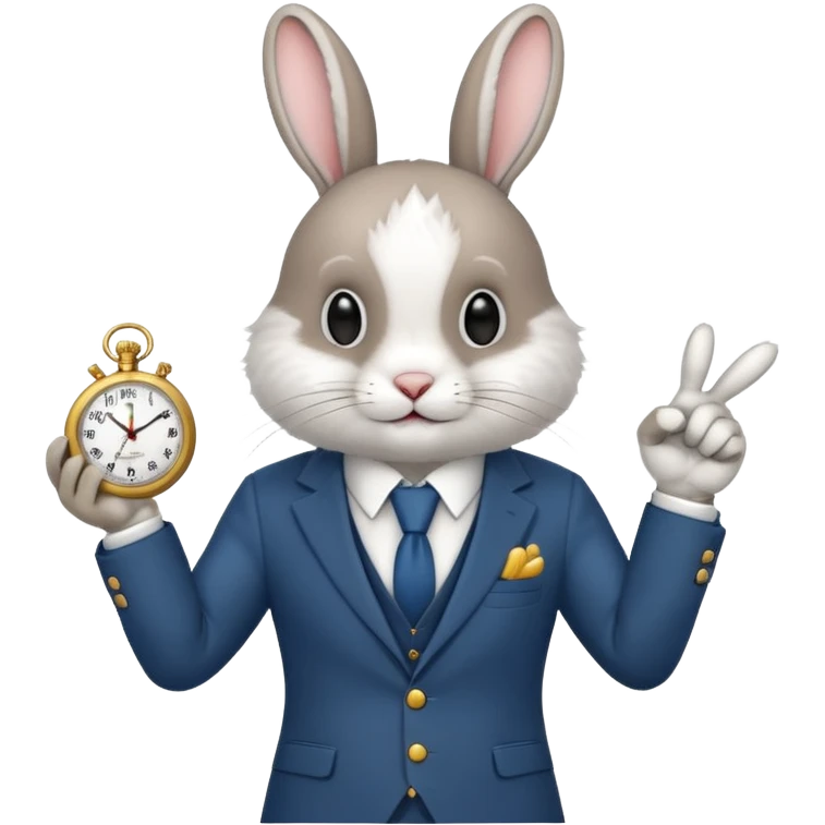 A rabbitwearing a suitand holding a clockand pointing at the clock emoji