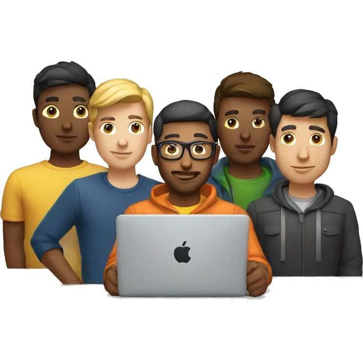 group of developers with a macbook and focus emoji