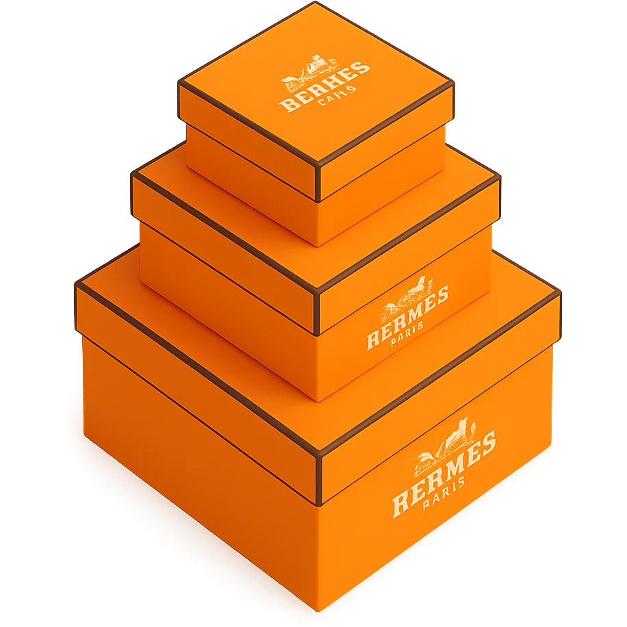 Add the Hermès logo to the center of each box in a 3D stack of orange Hermès boxes. All boxes should have the same square shape and proportions but different sizes. The style should be minimal, on a white or transparent background. emoji