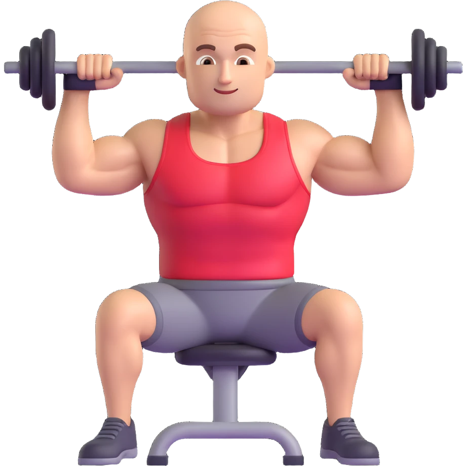 bald man flexing muscles with gym equipment, 3D emoji style emoji