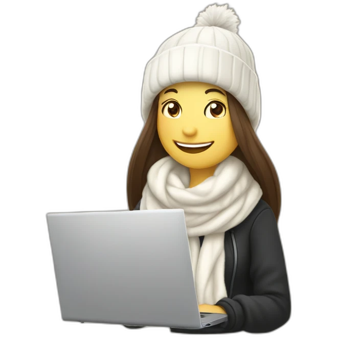 eyes closed laughing female with pale skin and dark brown straight long hair wearing white scarf and white woolly hat and black hoodie and holding a laptop and coffee mug not full body shot emoji
