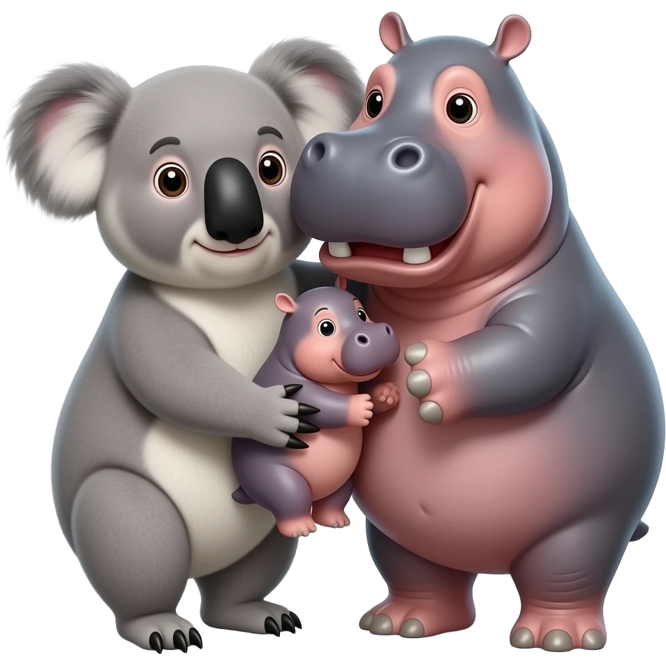 Koala and hippo holding their one baby hippo Together in both of their arms hugging emoji family realistic real emoji not cartoon emoji