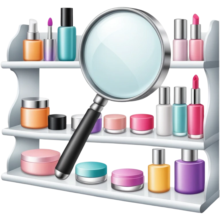 magnifying glass over beauty product shelf, searching for last item emoji