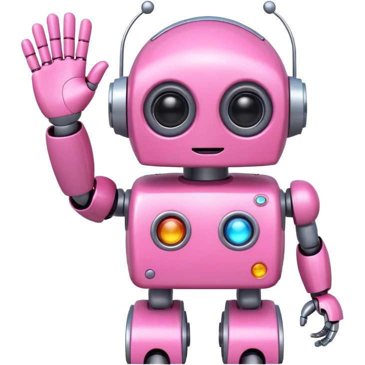 pink cute robot, waving hand, big eyes emoji