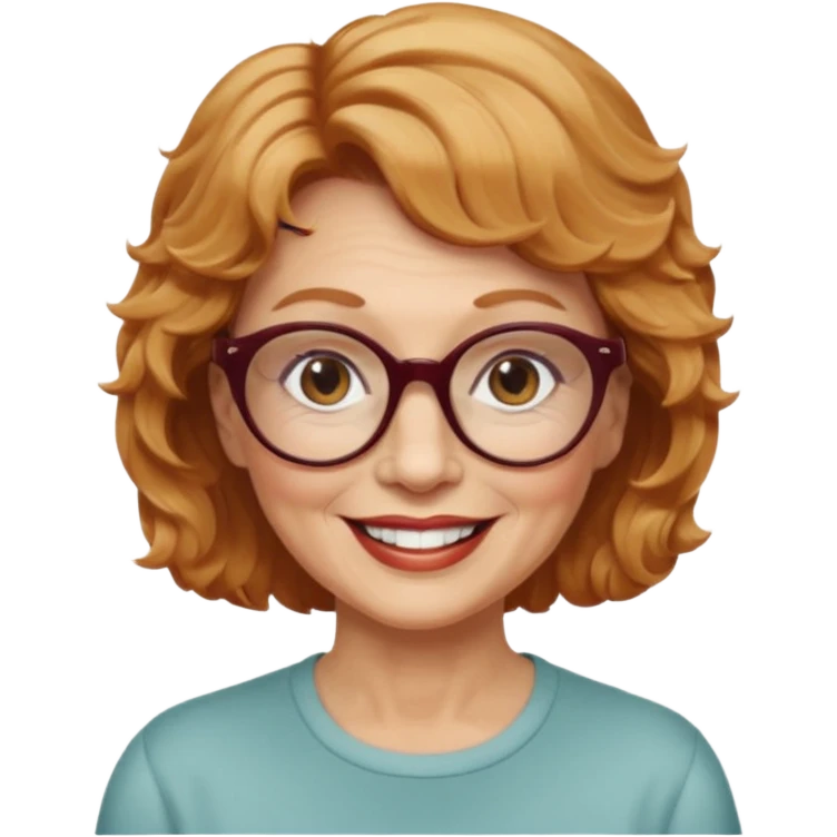 woman 70 years old, very short strawberry blonde weavy hair, brown eyes and round dark glasses smile emoji