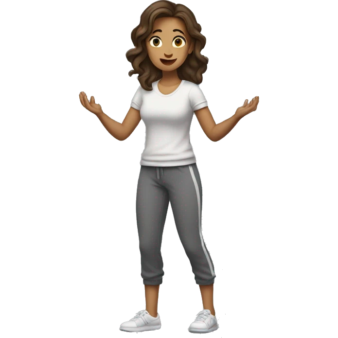 A woman in sweatpants and a t shirt standing up, full body view she is holding her arms out as if se is handing someone something, brown hair side profile  emoji
