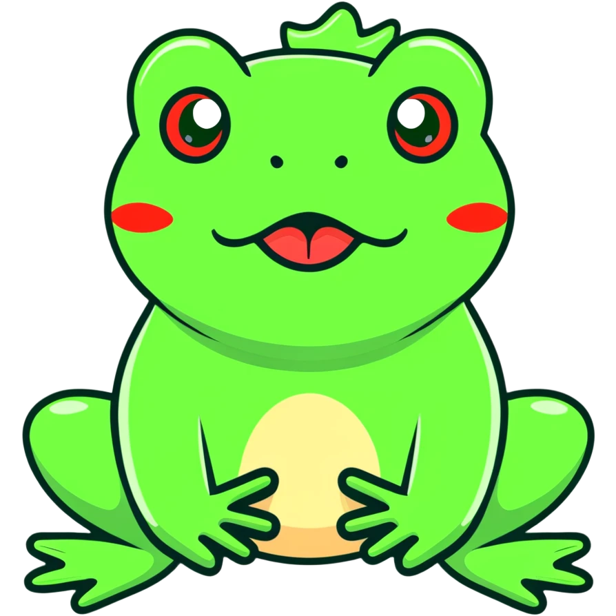 Exaggerated cartoony green frog with big bulging cross-eyes and long tongue sticking out, comic-style with silly expression emoji