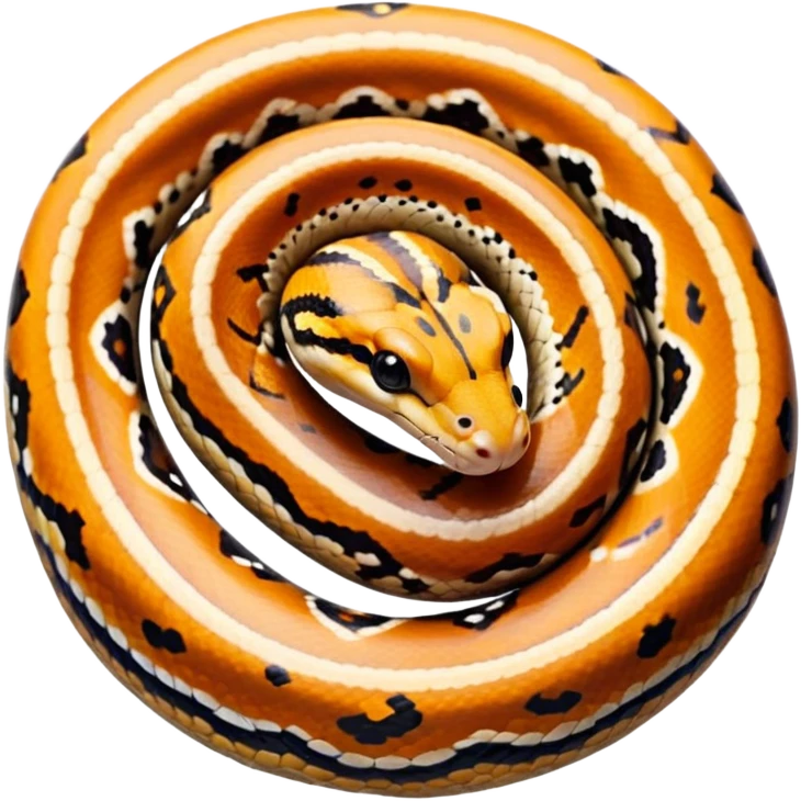 A photo-realistic top-down view of a Ball Python gently coiled into a tight spiral, with its head resting peacefully at the center. Its scales are warm brown with bold, irregular black markings, including the distinctive “alien-head” pattern, flowing smoothly along its body.  emoji