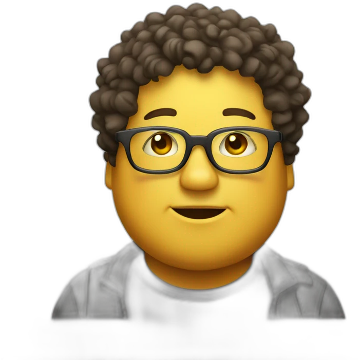 A fat man wearing glasses, with a square face, naturally curly hair and yellow skin emoji