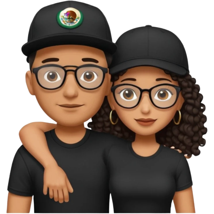 A picture of an embracing tanned couple. the man is a Mexican man with tanned skin, with a bald hair cut wearing a SnapBack hat and a black shirt. the woman wearing black glasses, with long curly dark brown hair and with big boobs.  emoji