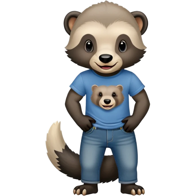 mischievous anthropomorphised honey badger in jeans and a t-shirt, smirking expression emoji