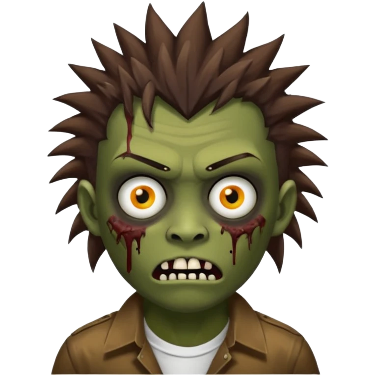 Um garoto zombie de cabelo castanho escuro, com o cabelo chegando no pescoço, punk, com olhos castanhos esverdeados, de camisa branca emoji