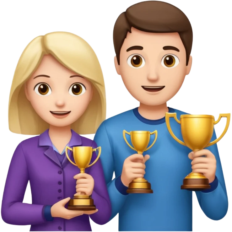 Create an emoji that reflects man & woman that is happy, and that asks a lot of questions and have trophy all around him & her emoji