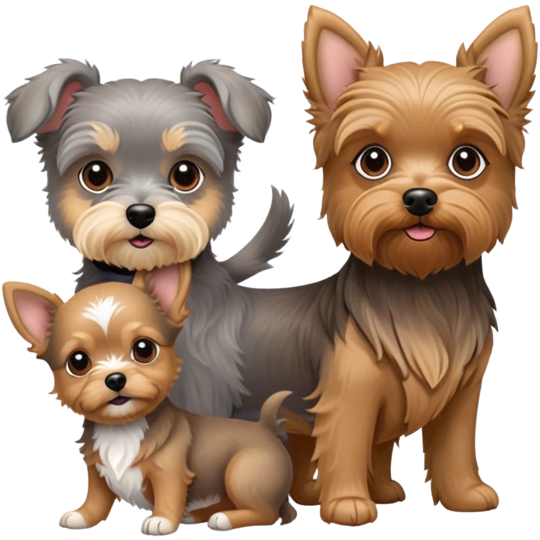 Golden doodle next to a grey miniature schnauzer next to a yorkie chihuahua mix emoji