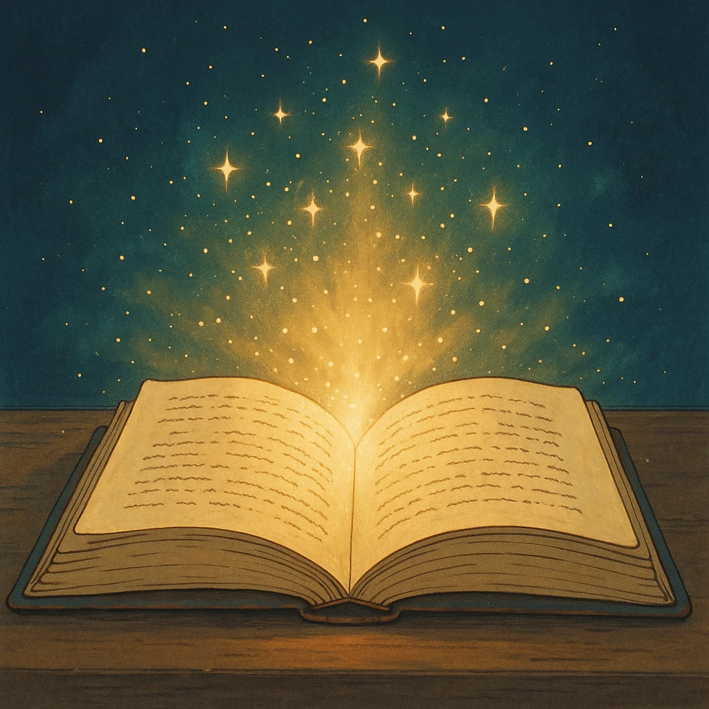 ghibli style open book with magical glow emoji