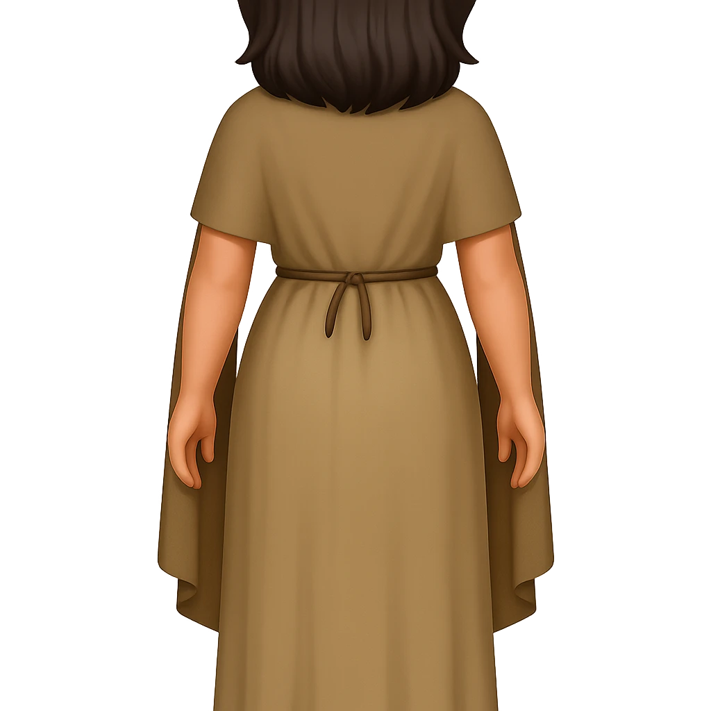 Fullbody backview of Mary Magdalene with dark hair, wearing a plain light tan dress and a dark tan cape from the reference image, brown sandals, in classic emoji style with transparent background. emoji
