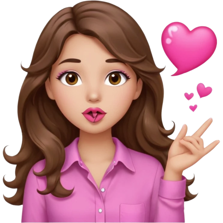 girl with long wavy brown hair, brown eyes, light to medium complexion, in a pink shirt, pink lips, long lashes, blowing a kiss emoji
