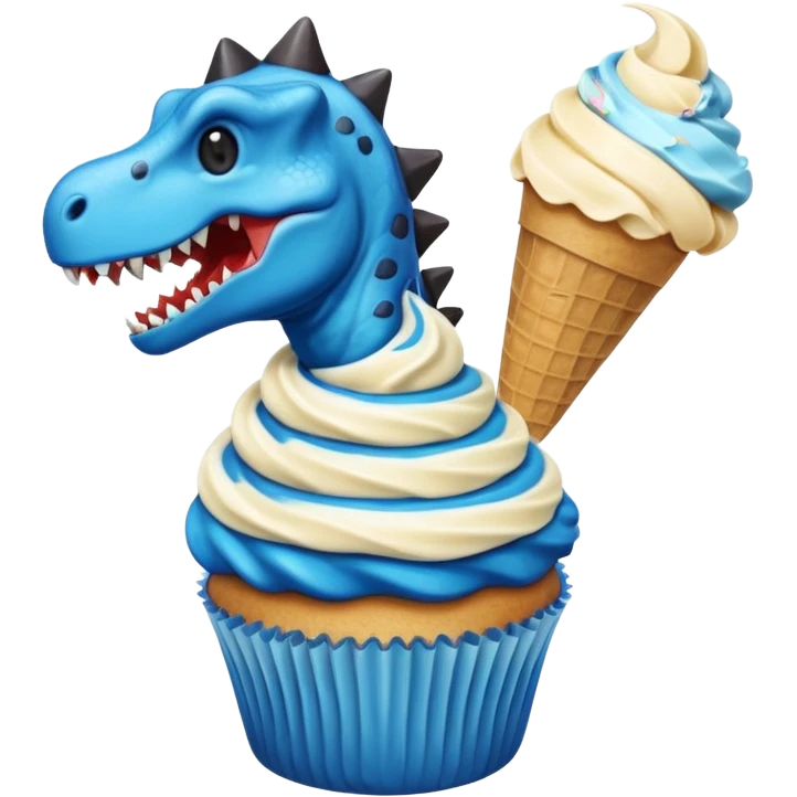 A cupcake having blue and black icing and a dinosaur as a decoration and ice cream next to it emoji