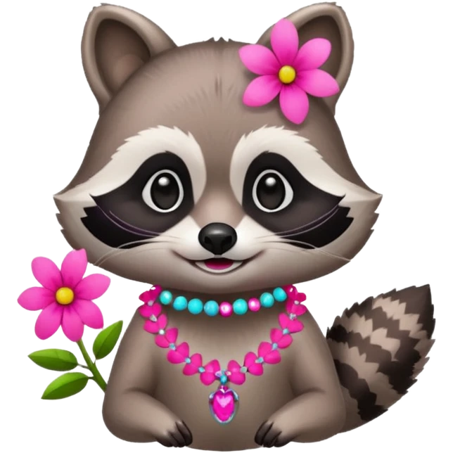 A playful raccoon wearing a neon-pink flower necklace, looking festive. emoji