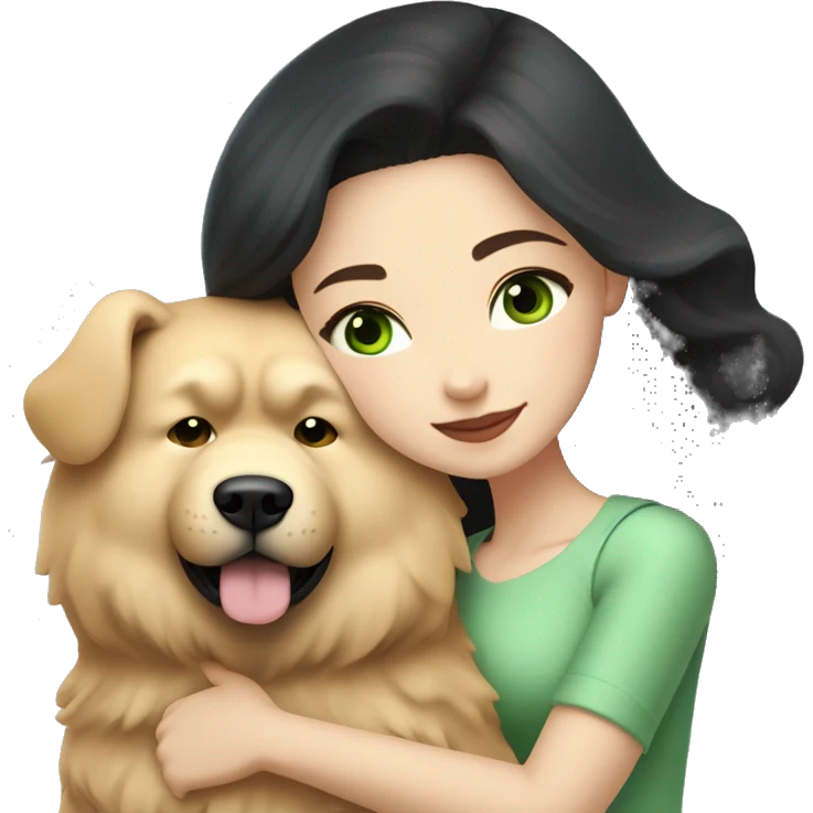 pretty woman with pale skin, very long black hair and green eyes and light pink outfit hugging a beige fluffy chow chow dog emoji