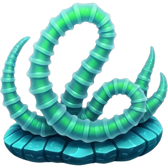 3D render of Crystal Cave Worms, bioluminescent deep sea style, glowing neon blue and green lights, dark background to contrast the glow, translucent organic textures. emoji
