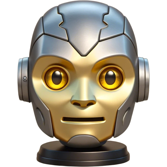 Cinematic Cute Mighty Iron Golem Portrait Emoji Head tilted playfully and inquisitively, featuring a sleek yet sturdy metal form with smooth, polished steel plating and glowing golden engravings, accented by faintly humming energy veins that pulse with life; rendered with lifelike clarity and soft, natural reflections, high shine, charming yet robust, styled with a touch of whimsical fantasy, soft glowing outline, capturing the essence of a watchful yet endearing golem, as if it might shift its massive head with a slow, thoughtful nod at any moment! emoji