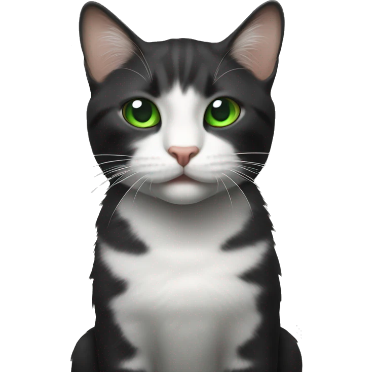 Cat with black fur all over but a white stripe down his nose, green eyes, cuts in his ears, and a white chest v shape. Thee should be a small patch of white under the noise, above the lip emoji