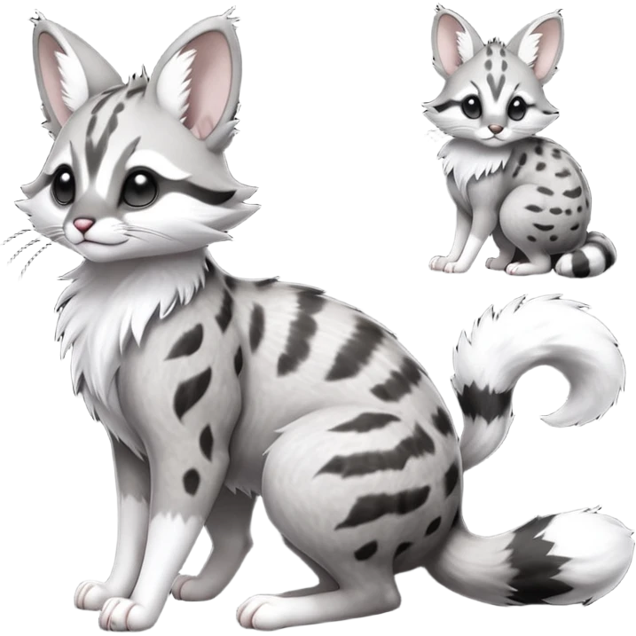 stormcell charcoal fur crackling with silver frost-veins and ghost-dust sheen Hyper-realistic beautiful elegant pretty precious cute  Fakémon-Pokémon-opossum-feline-serval-caracal-chinchilla-Furret-Minccino-hybrid-creature with a big fluffy bushy tail (full body) emoji
