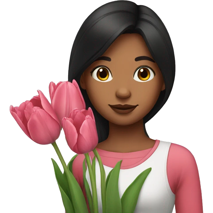 Girl with dark hair take a tulips emoji