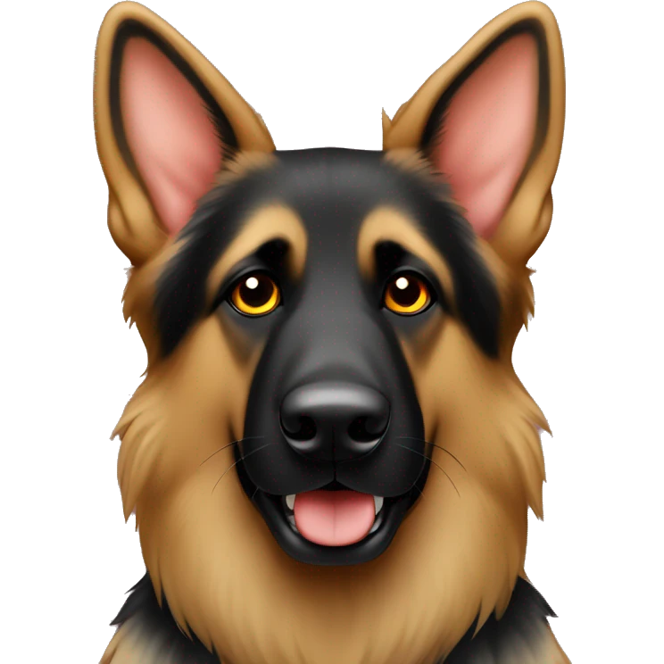 Longhair German shepherd with black face and red emoji