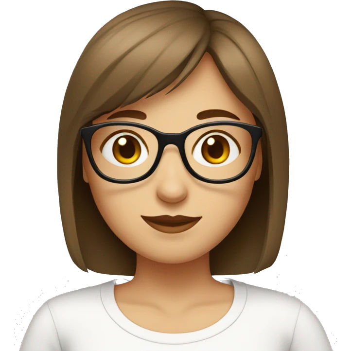 short brown haired girl with flat bangs wearing glasses and wearing a white t-shirt emoji
