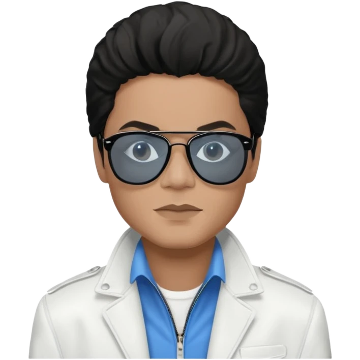 Michael Jackson is white, wearing completely black smokey Ray-Ban glasses, a white jacket, and a blue shirt. emoji