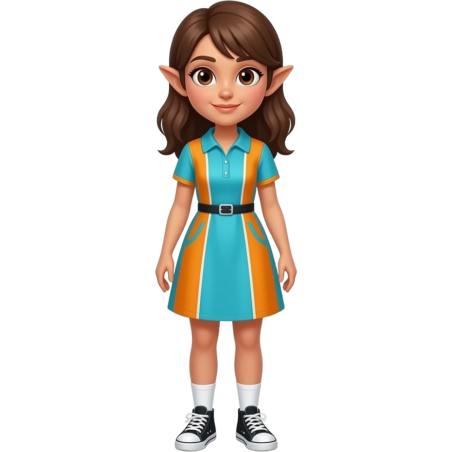 A white/fair skinned woman with brown hair, brown eyes and pointy ears, and wearing a cyan blue and orange dress with white socks and black sneakers. emoji