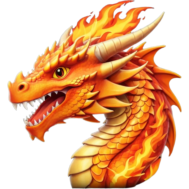 Fire dragon breathing, with an orange sunset background, detailed, digital emoji